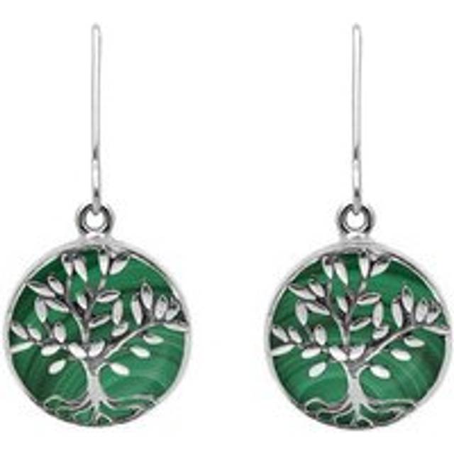 Sterling Silver Malachite Round Large Tree of Life Leaves Drop Earrings