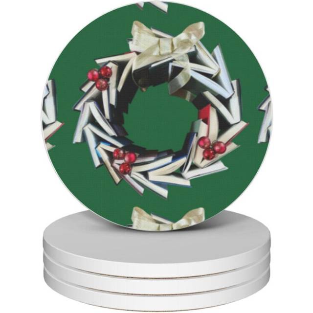 (Book Wreath=2447) Ceramic Coasters Set of 4 Xmas for Drink Wine Beer Bar with Cork Base Housewarming Birthday Christmas Gift