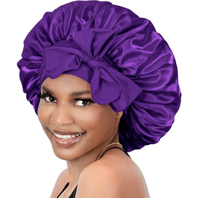 BONNET QUEEN Satin Sovhuvor för Damer med Långa Naturliga Lockiga Hår, Satin Sovhuvor med Bred Band för Att Knäppa Åt För Henne, Mörklila