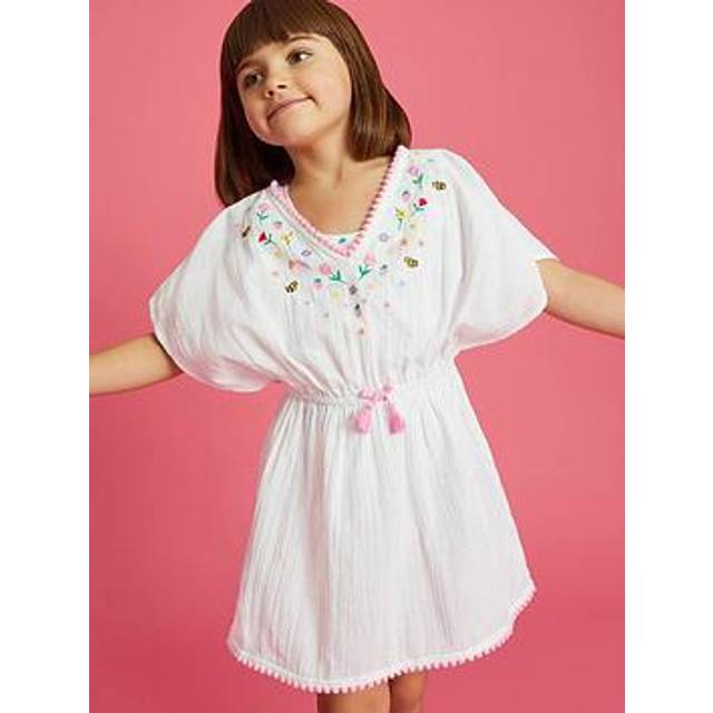 White & Pink Cotton Floral Embroidered Kaftan Dress, Size: 5-6 Years, Girl's - Accessorize - White/Pink - 5-6 yrs