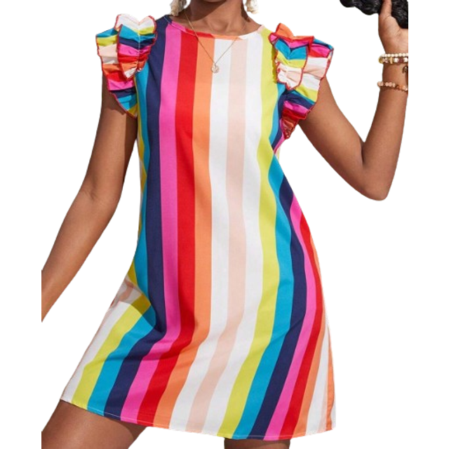 SHEIN Teen Girls&#39; Woven Rainbow Stripe Pattern Ruffle Edge Casual Dress HolidayÂOutfits