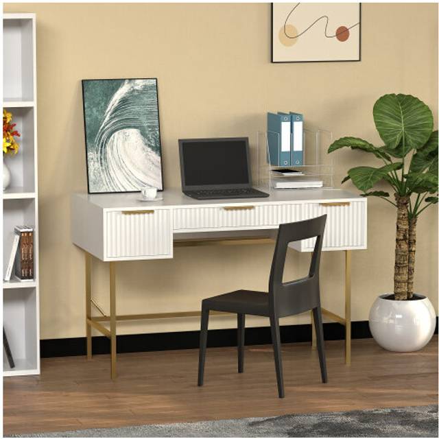 121cm Wide Free Standing White Wooden Fluted Chic Writing Study Computer Desk Vanity Console Dressing Table 3 Drawers With Gold Metal Frame