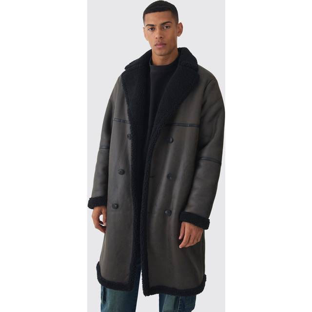 Longline Double Breasted Borg Overcoat In Dark Brown - S