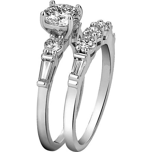 Ladies Fashion Ring Silver Full Diamond Round Wedding Gift 1set