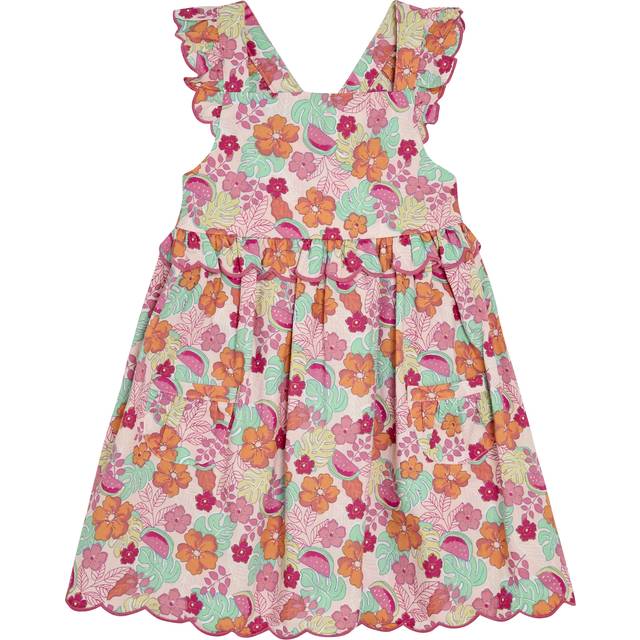 JoJo Maman Bébé Kids' Cotton Jungle Floral Scallop Trim Dress, Pink