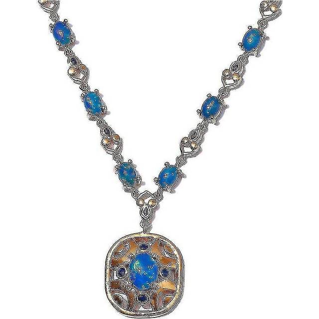 Ethiopian Opal Enamelled Necklace Size 18'' 14K Gold Overlay Silver Wt. 18.00Gms