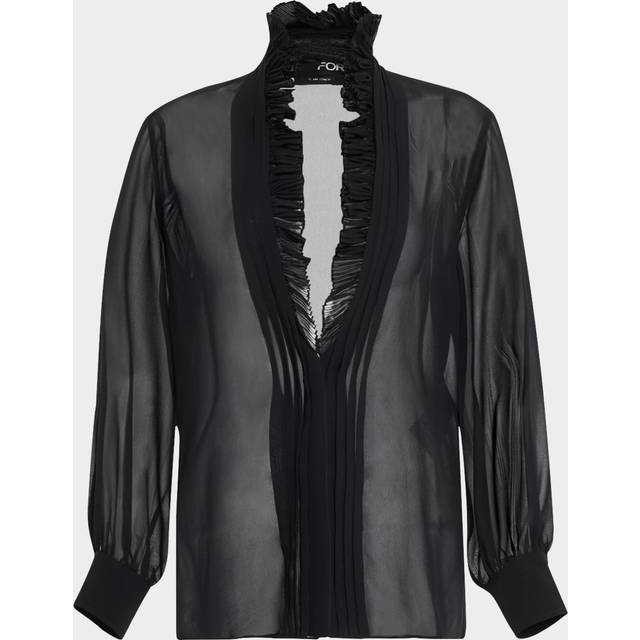 Pleated Puff Sleeve Blouse with Ruffle Trim - BLACK - 44 IT (10 US)