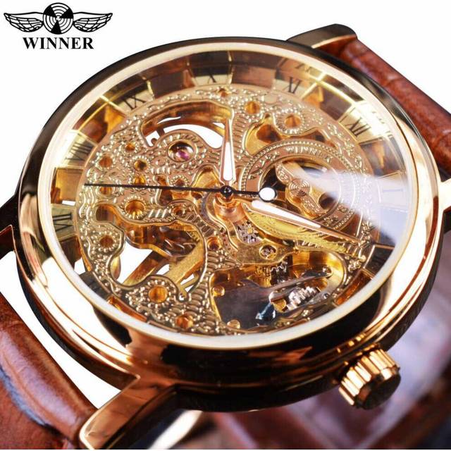 (brown) Winner Transparent Golden Case Luxury Casual Design Brown Leather Strap Mens Watches Top Brand Luxury Mechanical Skeleton Watch