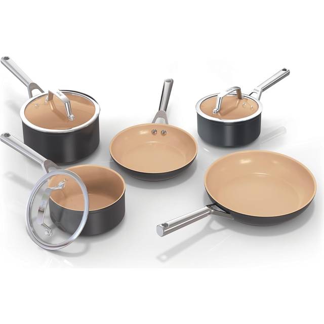 Ninja Extended Life Ceramic 5-Piece Frying Pan & Saucepan Set in Apricot & Grey - CW95000UK