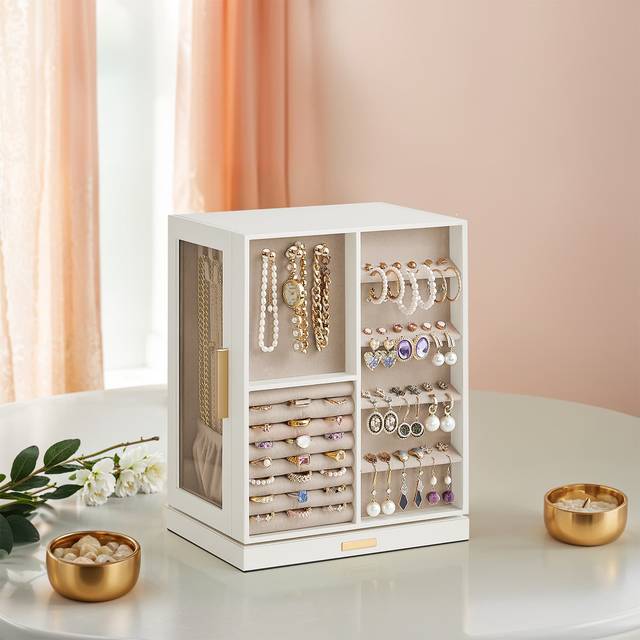 Jewellery Box 360° Rotating, Jewellery Storage Case with 5 Drawers, Jewellery Organizer, Cloud White / 16D x 22.2W x 28.5H cm
