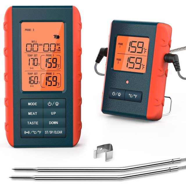 Wireless Meat Thermometer with 2 Propes for Grilling Kitchen Food Cooking Thermometer Digital Meat orange