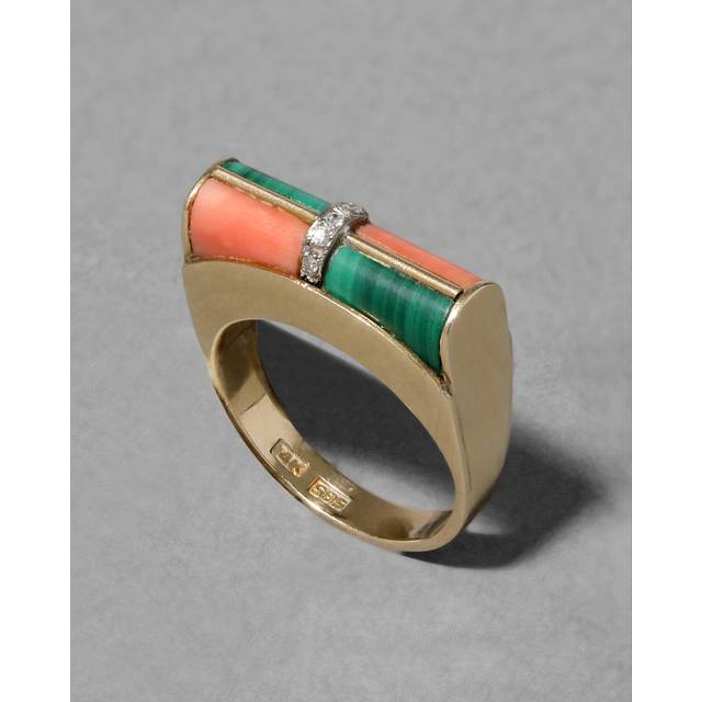 Alexis Bittar Vintage 1980S 14K Gold Italian Modernist Coral And Malachite Checkerboard Ring in Pink Size 7  | Statement Jewelry from Alexis Bittar (7)