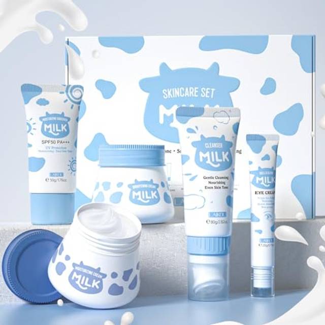 LAIKOU Hudvårdsset, Milk Beauty Presentset för tonårsflickor med rengöringsmedel, dagkräm, nattkräm, ögonkräm, solkräm, ansiktsbehandlingskit för kvinnor 5 st