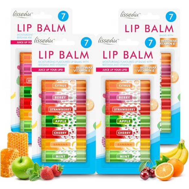 28pk Lip Balm Set Flavoured Moisturiser for Lips with Beeswax & Vitamin E - Lip Care Gift Set Fruity Flavours for Dry Chapped Lips - Moisturising