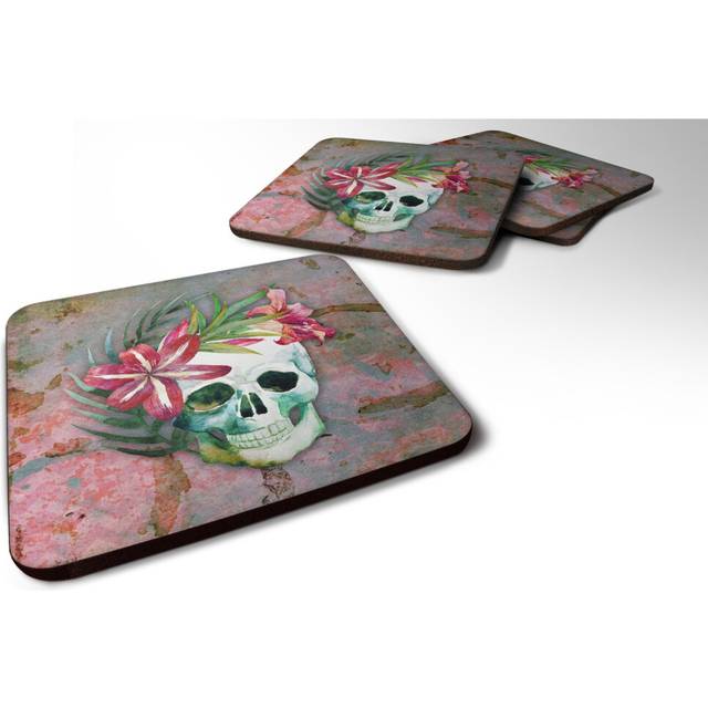 """""Caroline's Treasures Day of The Dead Skull Flowers Foam Coaster Set of 4  3.5  Multicolor"""""