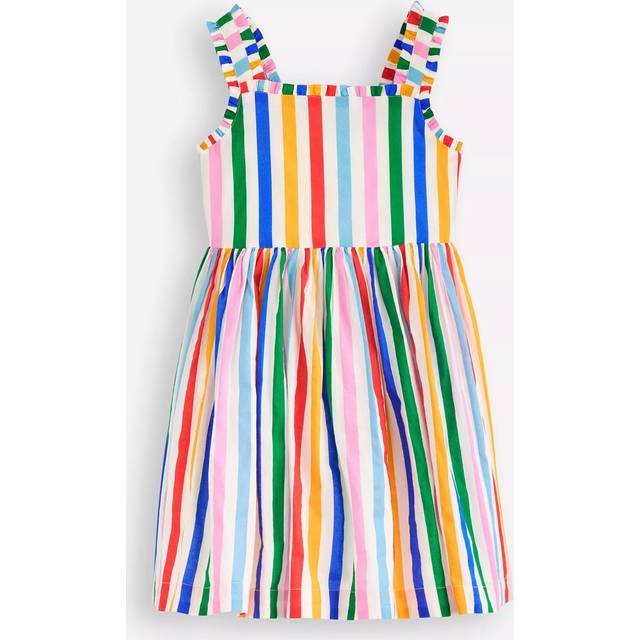 Mini Boden Kids' Luna Cotton Frill Strap Dress, Multi Rainbow Stripe