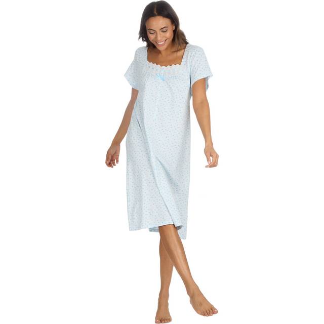 Womens 100% cotton short sleeve nightdress square neck knee length nightshirt uk