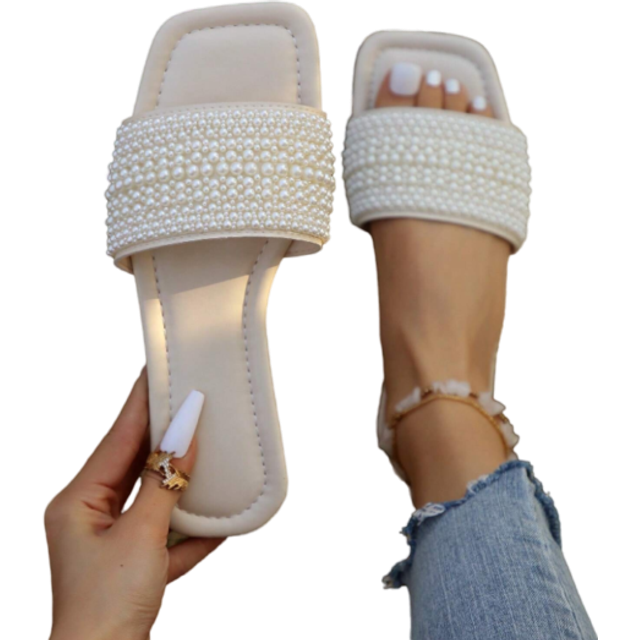 SHEIN Women&#39;s Plus Size Nude Flat Faux Pearl Decor Sandals, Featuring 5 Sizes Of Gradient Faux Pearls, Casual Comfortable Non-Slip Slip-On Slippers For Summ