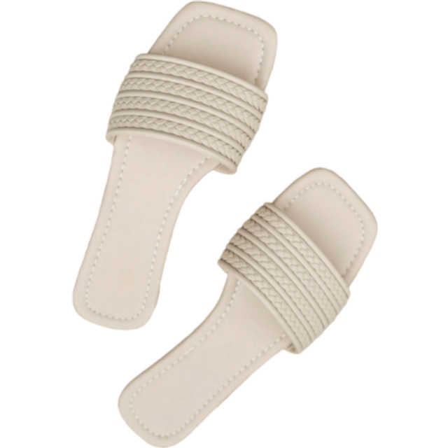 Platta sommarsandaler för kvinnor i rent vitt vävt mönster, matchat med platta tofflor, sexiga festskor - Beige (CN35,CN36,CN37,CN38,CN39,CN40,CN41,CN42,CN43)