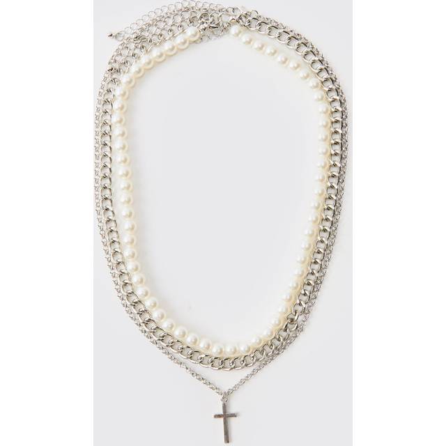 Layered Pearl Necklace With Cross Pendant in Silver - Grey - One Size