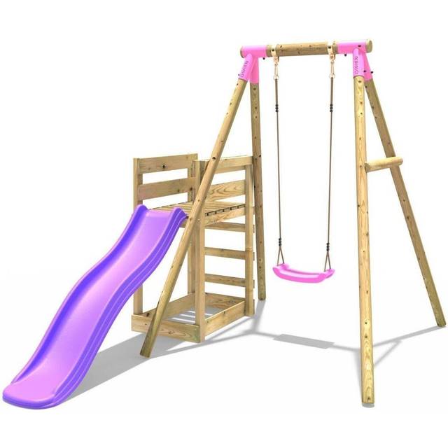 Rebo - Wooden Swing Set plus Deck & Slide - Solar Pink