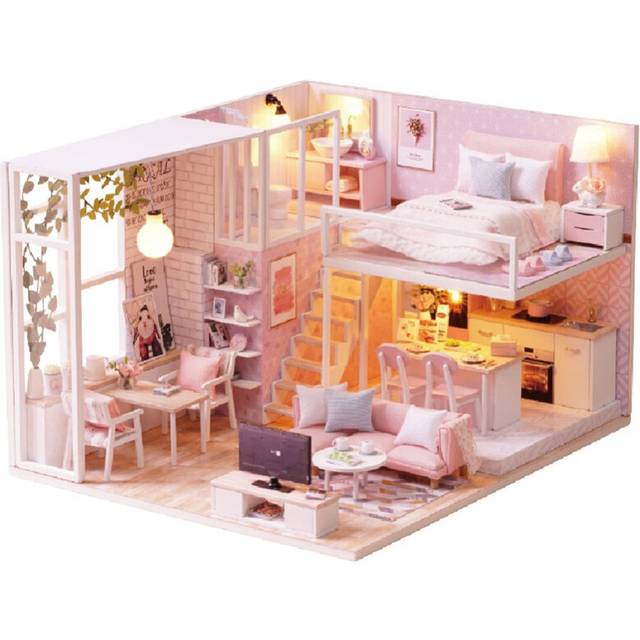 Diy Doll House with Furnitures Wooden Dust Cover