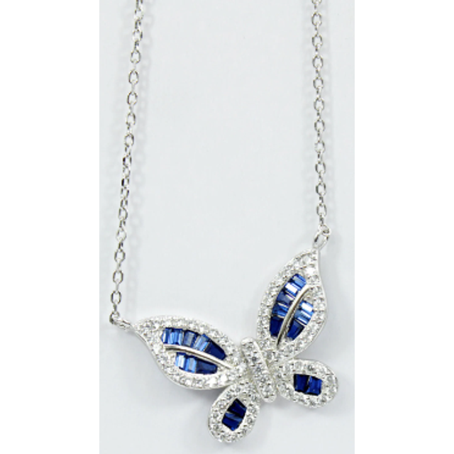 White gold finish created diamond and sapphire butterfly design pendant necklace
