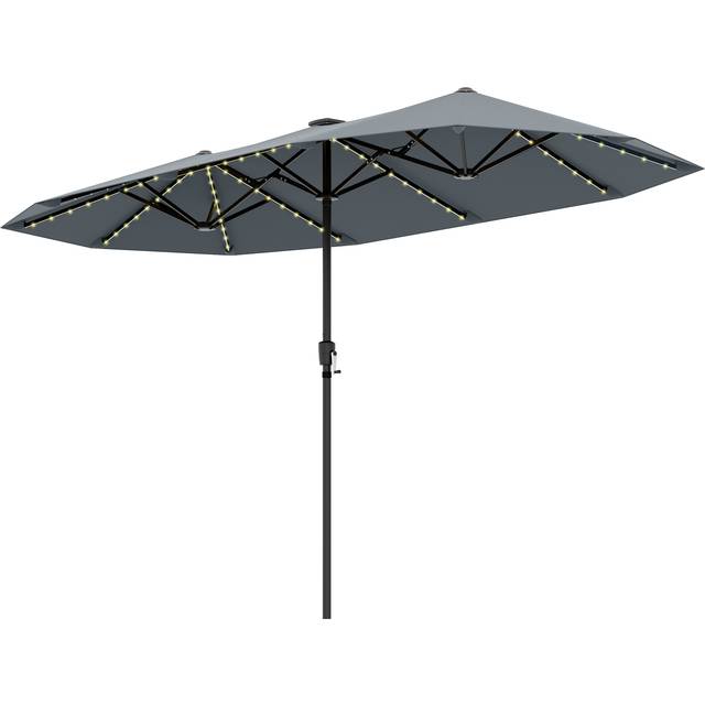 380cm Patio Double-Sided Market Umbrella with LED Solar Lights-Grey