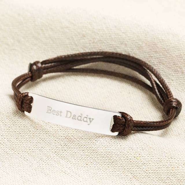 Men's Personalised Sterling Silver ID Cord Bracelet in Brown - brown/silver