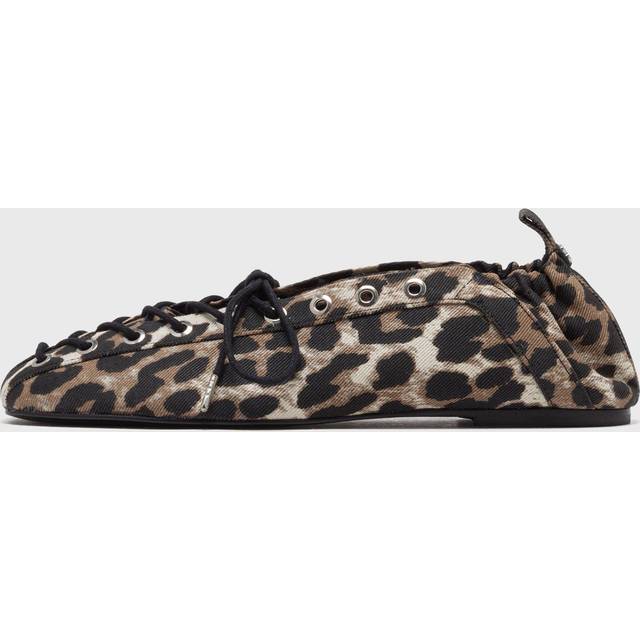GANNI Brown Printed Denim Lace-Up Ballerina Flats - 943 Leopard - IT 42