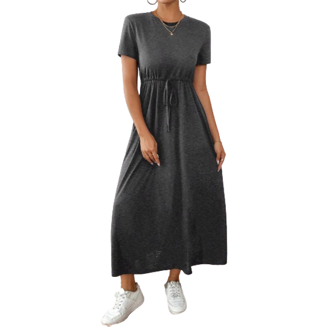 SHEIN Women&#39;s Solid Color Crew Neck Twist Pocket Casual Short Sleeve Dress