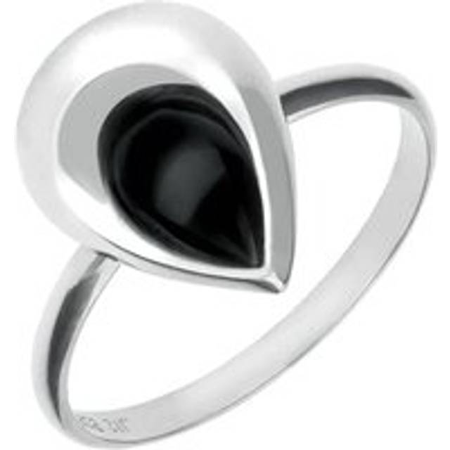 Sterling Silver Whitby Jet Half Stone Tear Drop Ring - Silver