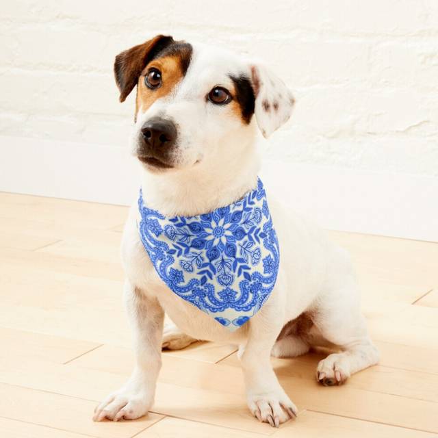 (Cobalt Blue China White Folk Art Pattern=354) 2-in-1 Pet Bandana Collar with Quick Release Buckle & D-Ring Adjustable Cat Scarf for Large/XLarge/XXLa