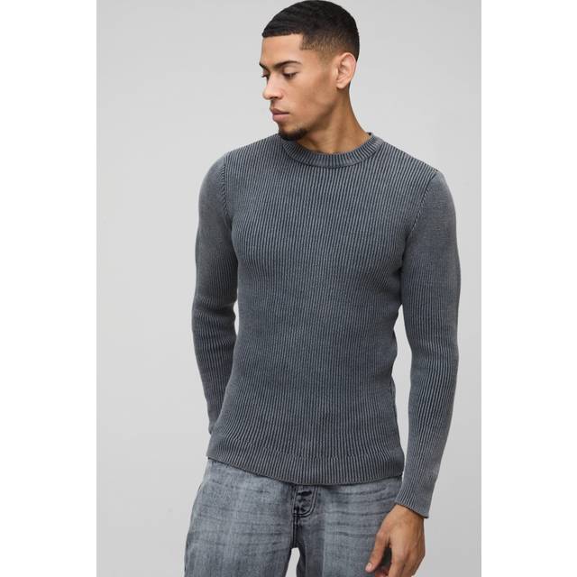 Muscle Fit Ribbed Acid Wash Knitted Jumper - Grey - L