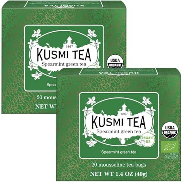 Kusmi Tea - Spearmint Green - 2 burkar - Ekologisk blandning av Gunpowder och Pepparmint Grönt Te - Avnjut det varmt eller isat - Smaksatt Grönt Te - 2x20 Tepåsar