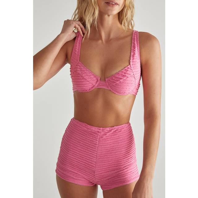 Womens Ruffle Textured Underwire Bikini and Short Set - Pink - 16