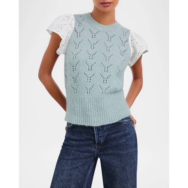 Everly Pointelle Knit Flutter-Sleeve Top - SKY - X-Large