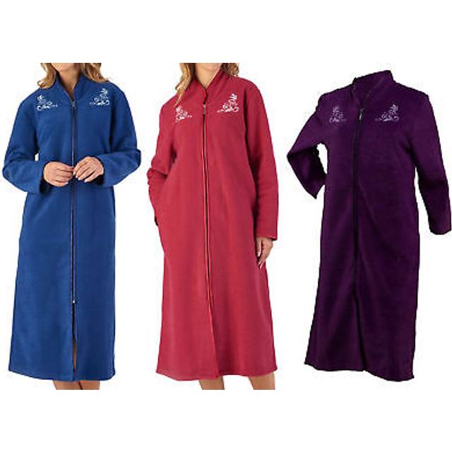 (Navy, Medium - UK 12/14) Slenderella Womens Zip Up Boucle Fleece Embroidered Dressing Gown