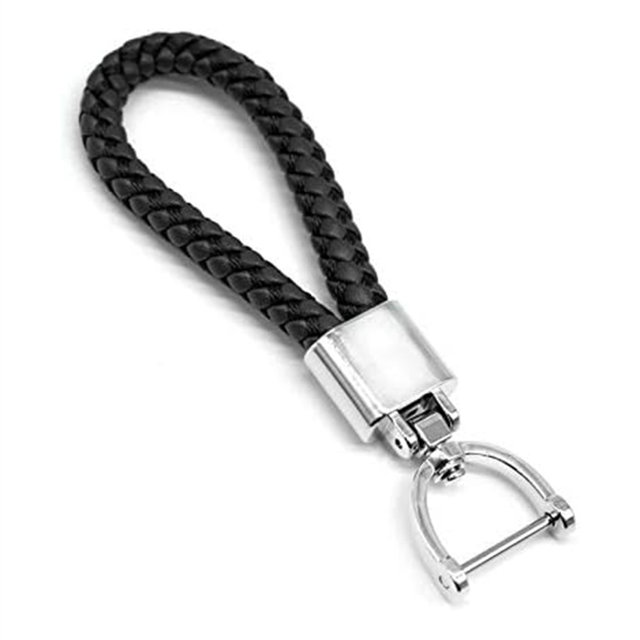 Keychain Hand-Woven Leather Rope Pendant Key Chain Black and Silver
