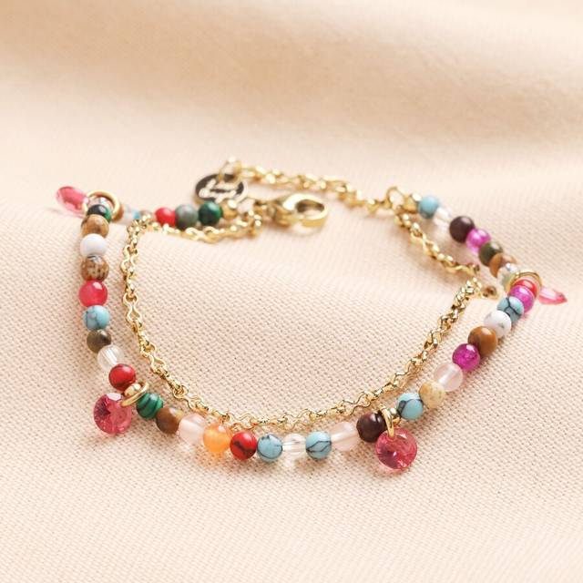 Stainless Steel Double Layer Beaded Bracelet in Gold - gold/green/red - one size