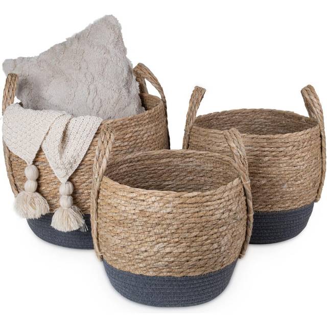 Natural straw woven storage basket, home organisation hamper basket with handles