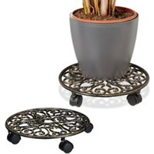Relaxdays Plant Caddy with Wheels, Set of 2, Round, Antique Design, Cast Iron, 7.5x34 cm, Rolling Flower Stand, Bronze