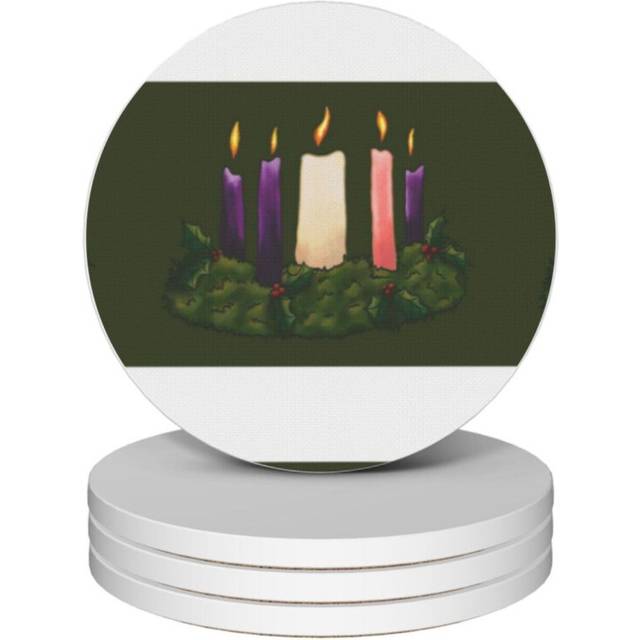 (Advent Wreath=7886) Ceramic Coasters Set of 4 Xmas for Drink Wine Beer Bar with Cork Base Housewarming Birthday Christmas Gift