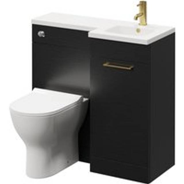 Napoli Combination Vanity Unit Toilet Suite with Right Hand L Shaped 1 Tap Hole Round Basin and Single Door with Brushed Brass Handle | Nero Oak | ABS Polished Chrome | 900mm
