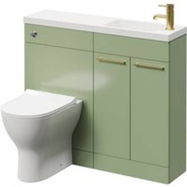 Napoli Combination Vanity Unit Toilet Suite with Slimline 1 Tap Hole Round Basin and 2 Doors with Brushed Brass Handles | Olive Green | Plastic | 1000mm