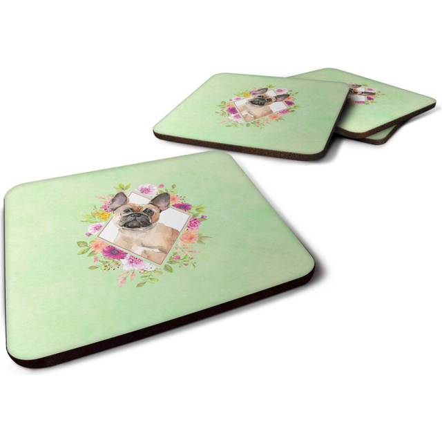 """""Caroline's Treasures CK4398FC Fawn French Bulldog Green Flowers Foam Set of 4 coasters  Multicolor"""""