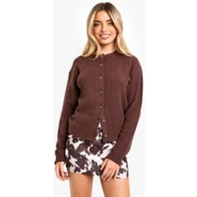 Womens Crew Neck Fine Gauge Micro Cardigan - Brown - S
