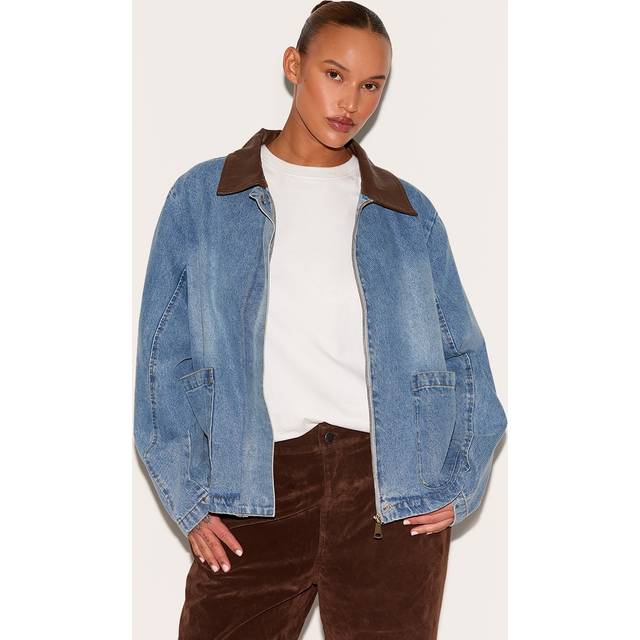 Plus Light Vintage Blue Faux Leather Collar Denim Jacket, Vintage Light Wash - 22