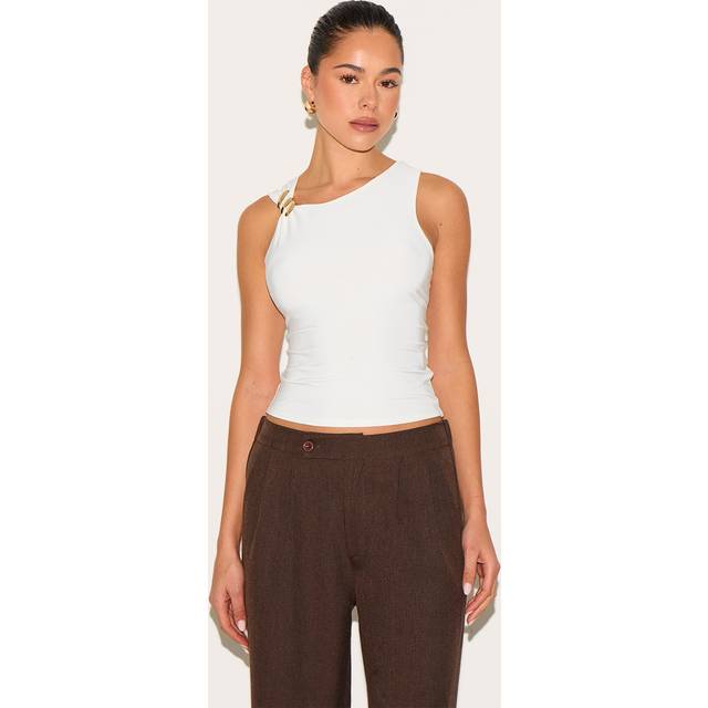 Cream Double Layer Slinky Trim Detail Long Vest Top, White - 14