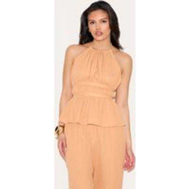 Apricot Cheesecloth Halterneck Sleeveless Backless Top, Apricot - 6